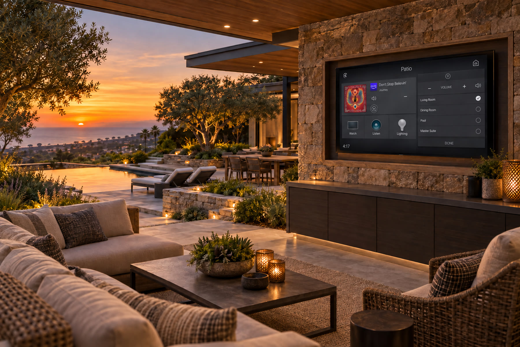 Luxury California Room with an outdoor television showing Control4 Patio controls