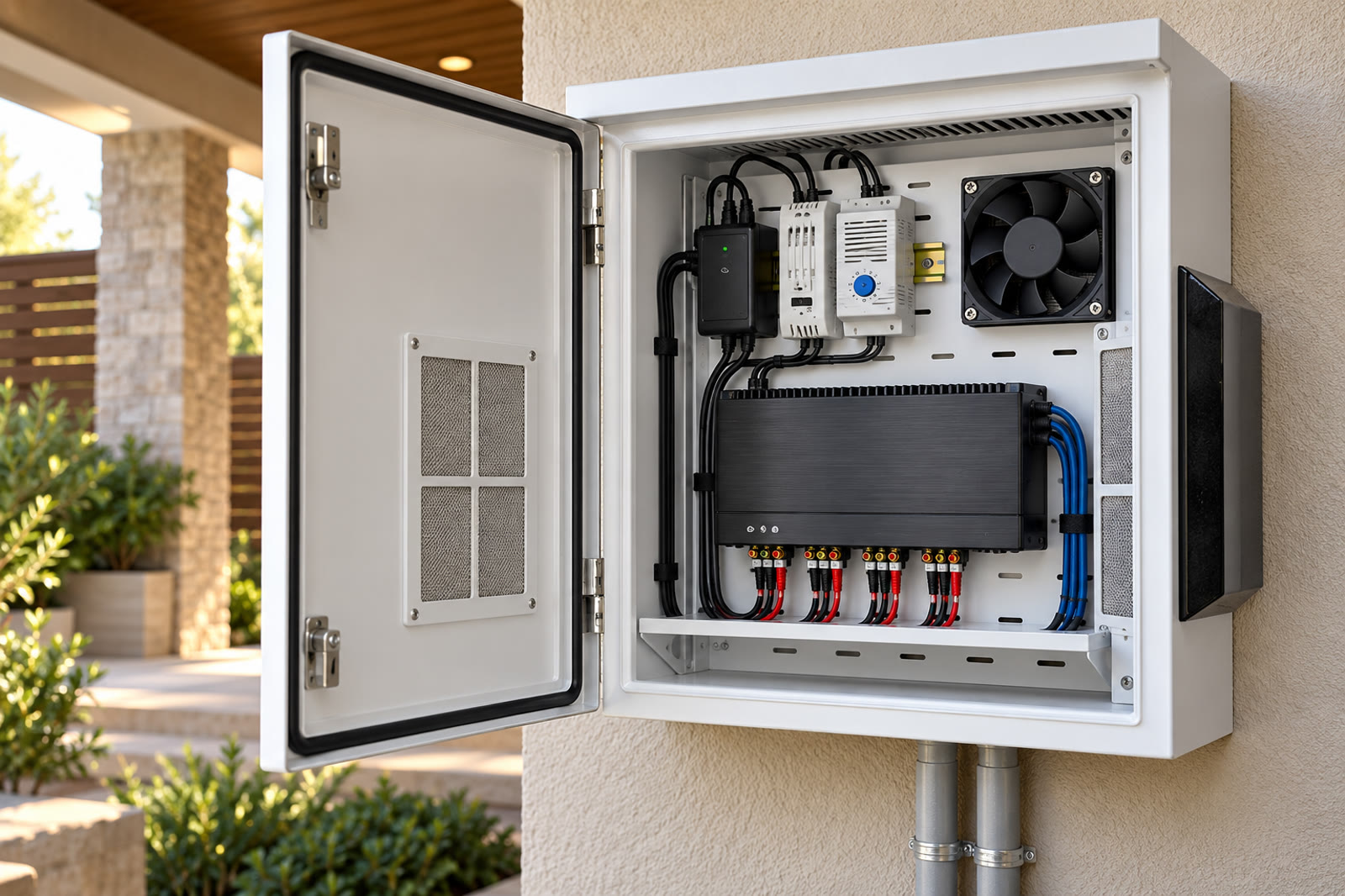 Compact audio amplifier installed neatly in a ventilated weather-resistant enclosure