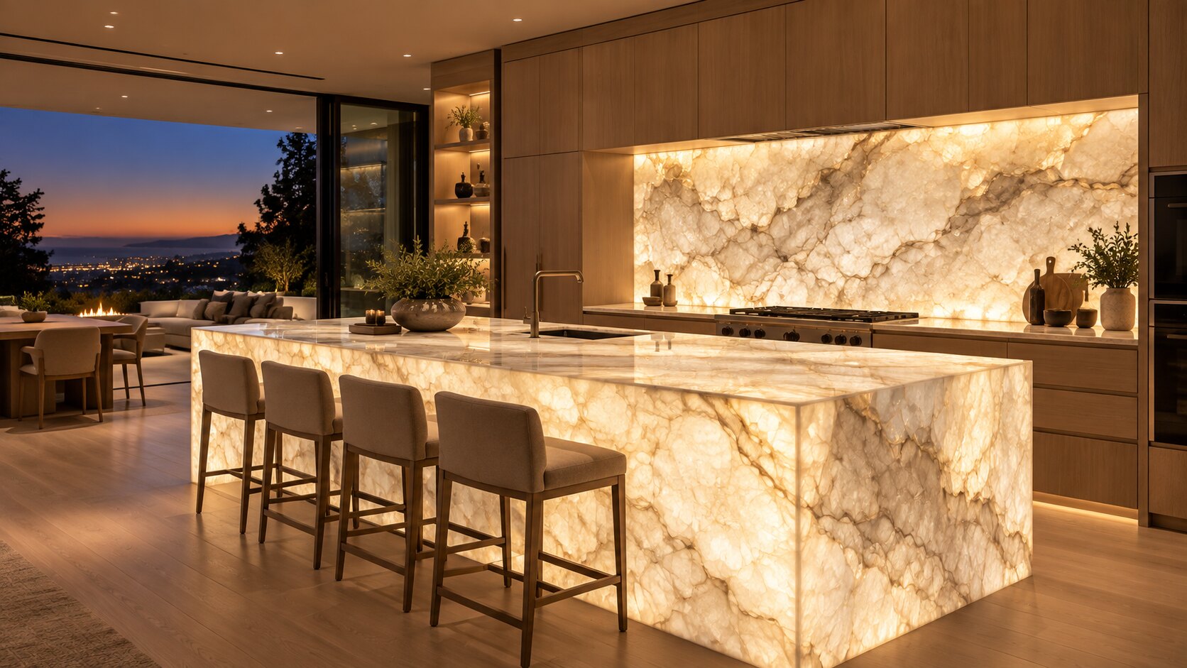 Backlit translucent stone feature wall and illuminated kitchen island