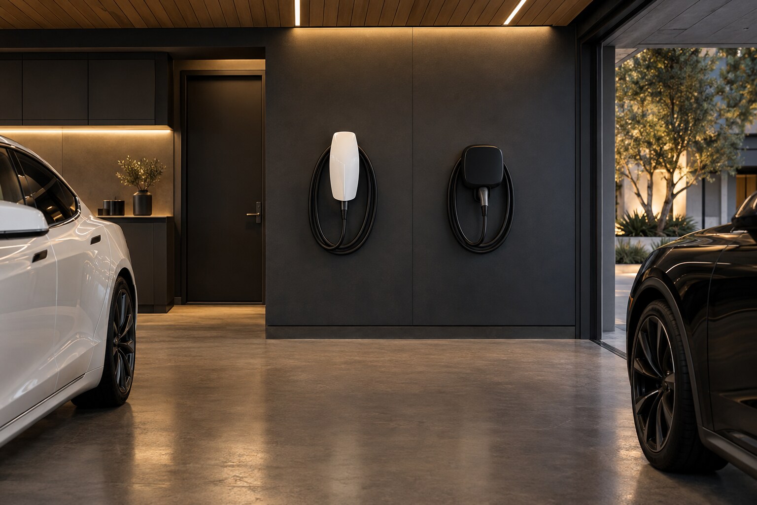 Luxury garage with two premium EV chargers designed for coordinated power sharing