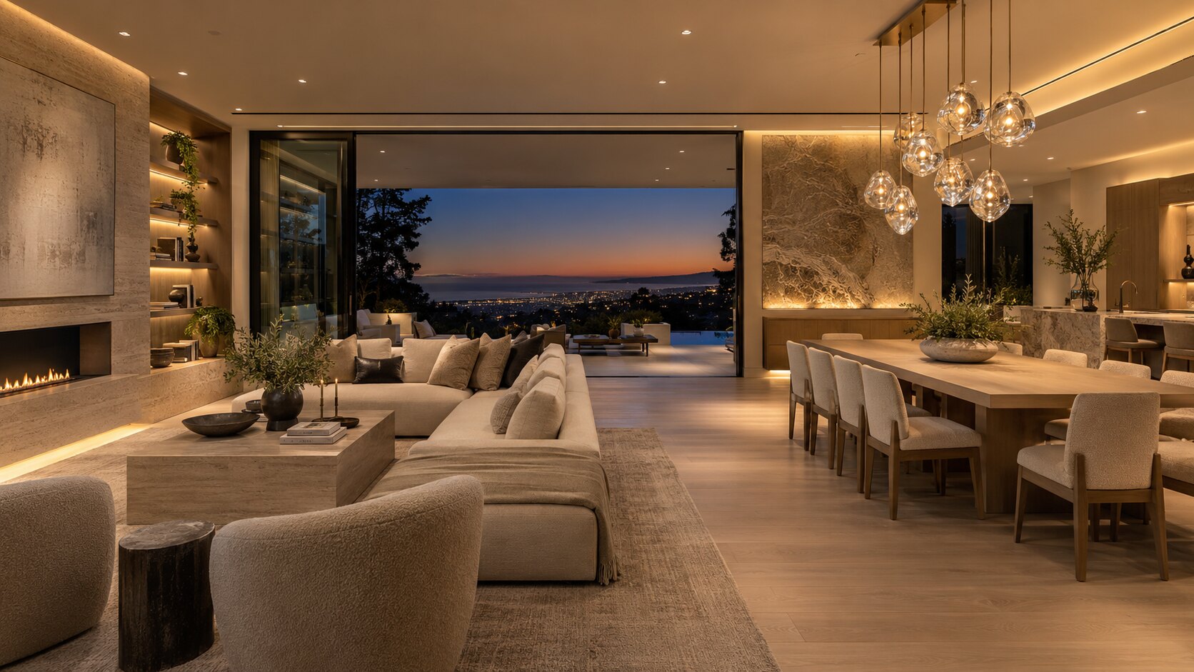 Luxury Orange County interior with layered architectural and decorative lighting