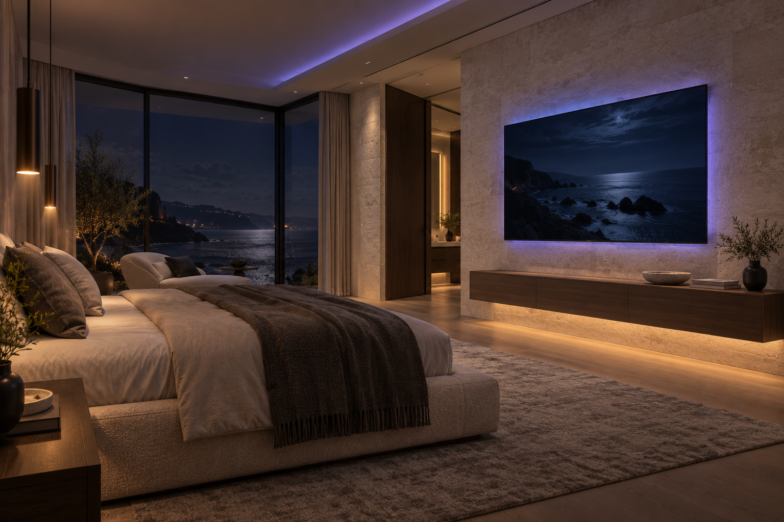 Luxury bedroom with a slim flush-mounted television, violet backlighting and warm architectural illumination