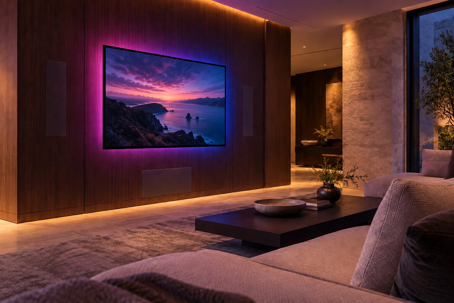 AVELAT luxury living room with a slim flush-mounted television and refined violet and warm architectural lighting