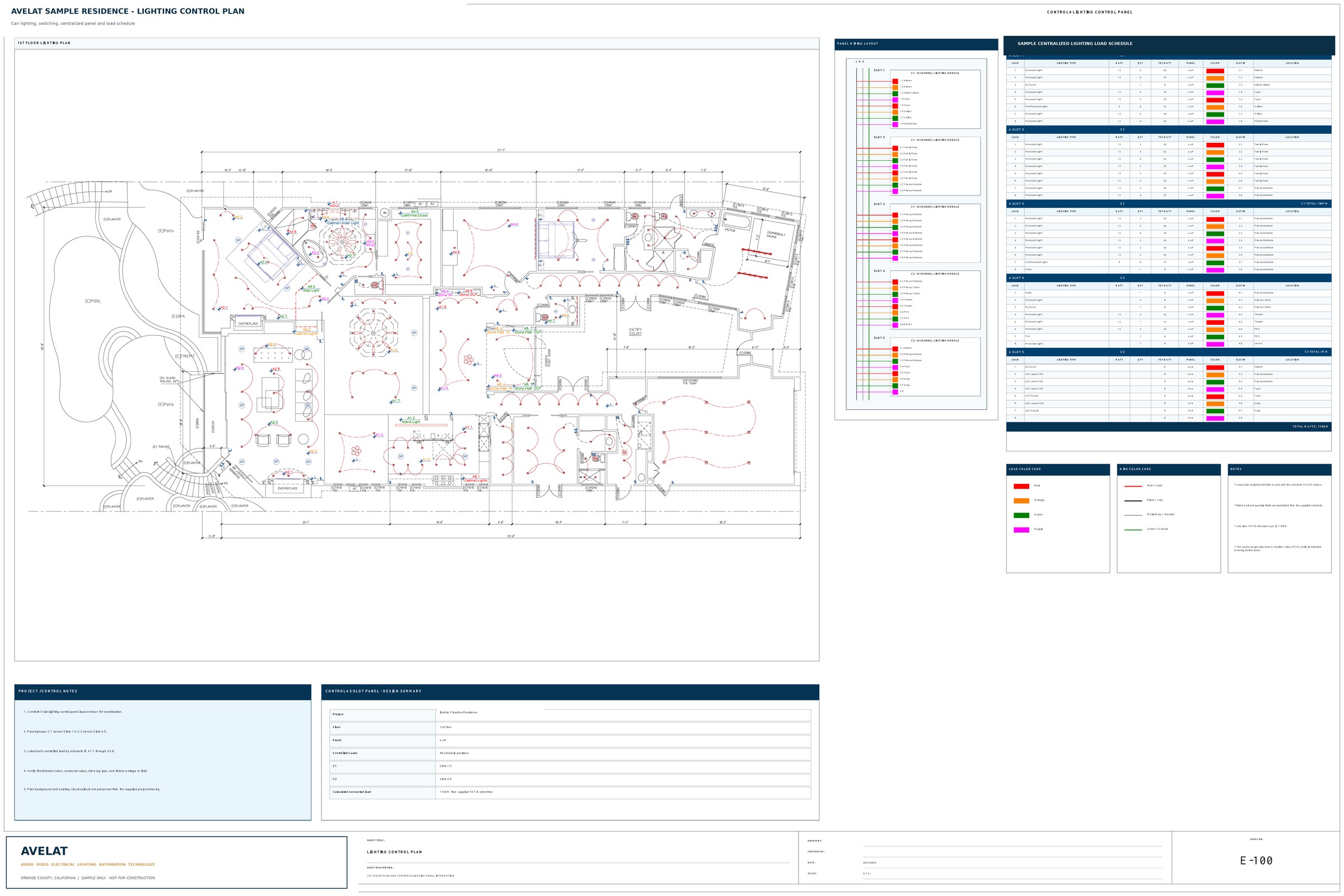 AVELAT lighting plan with can-light callouts, switching, centralized lighting cabinet and load schedule