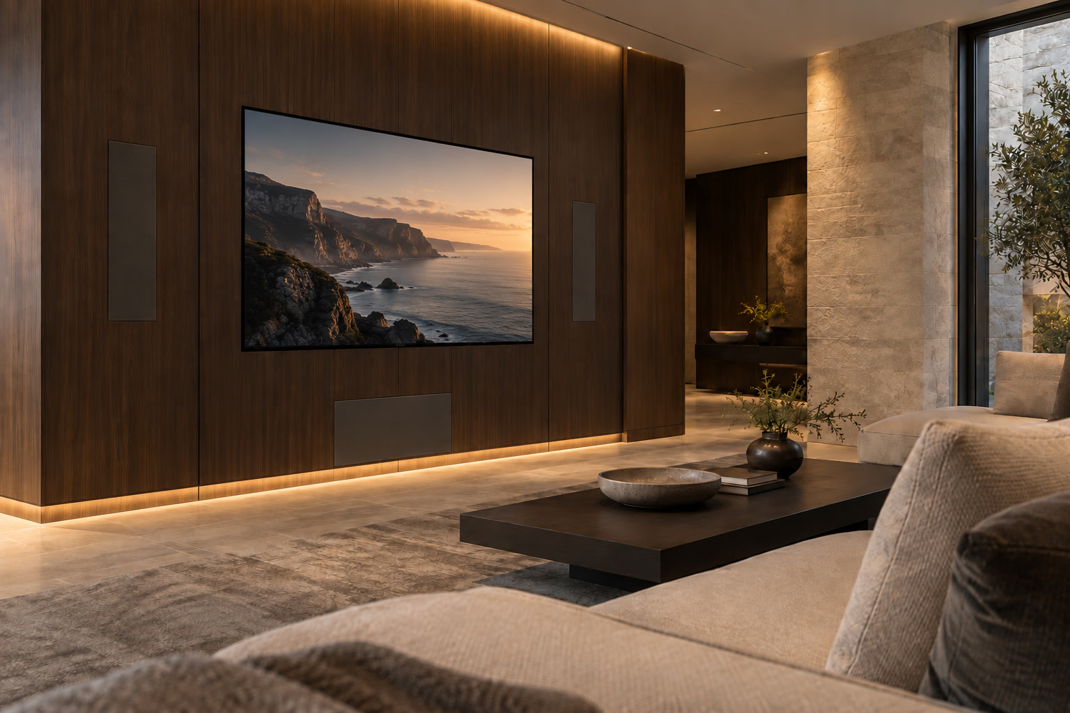 Luxury media room with a large integrated television and warm architectural lighting